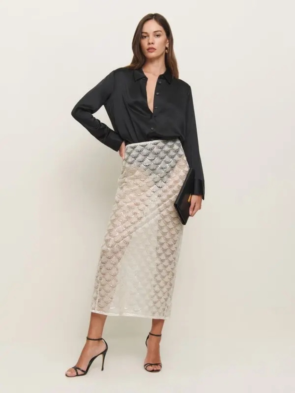 Reformation Ivory Sequin Scallop Midi Skirt Size 8